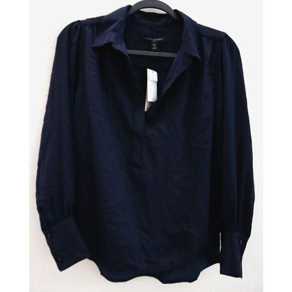 Banana Republic Women Petite Sz S Preppy Navy L/S Silky Collar Blouse - Picture 1 of 7